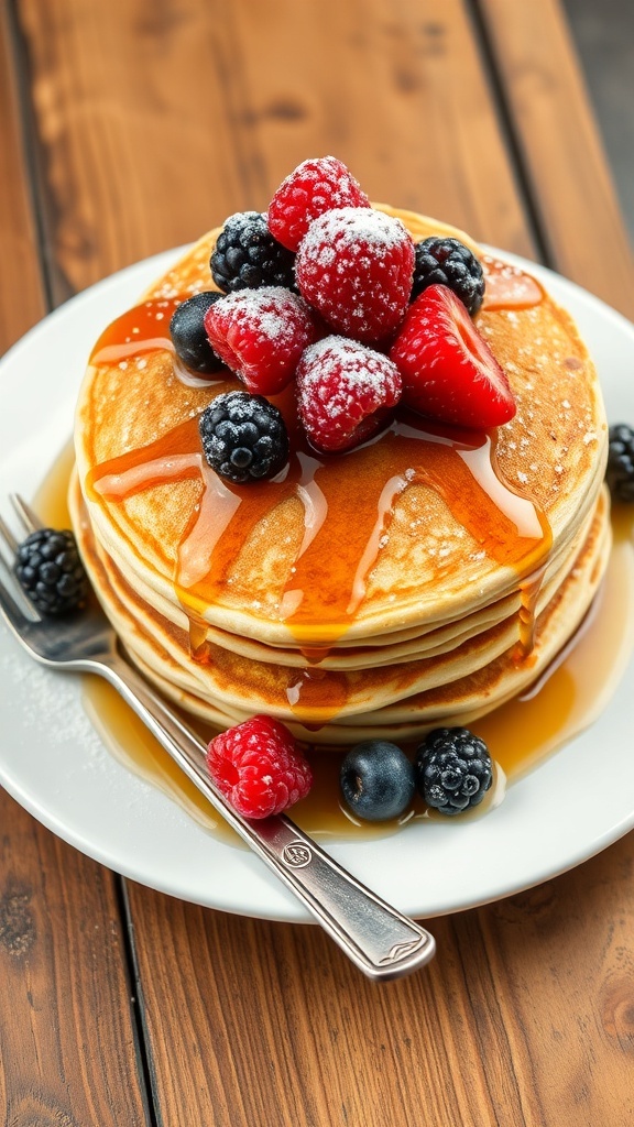 Eggless Pancake Recipe A stack of golden eggless pancakes topped with berries and syrup on a rustic table.